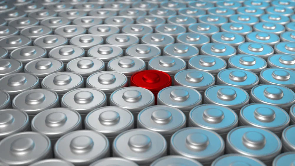 Red battery among metallic batteries