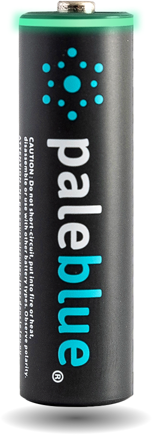 A Paleblue AA USB rechargeable battery with the charing light illuminated.