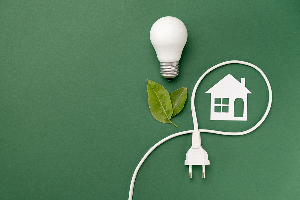 Apartment Sustainability, light bulb and house cutout on green background - Pale Blue Earth