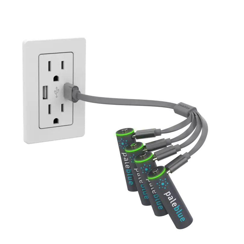 A render of four Paleblue batteries plugged into a wall outlet with a USB cable