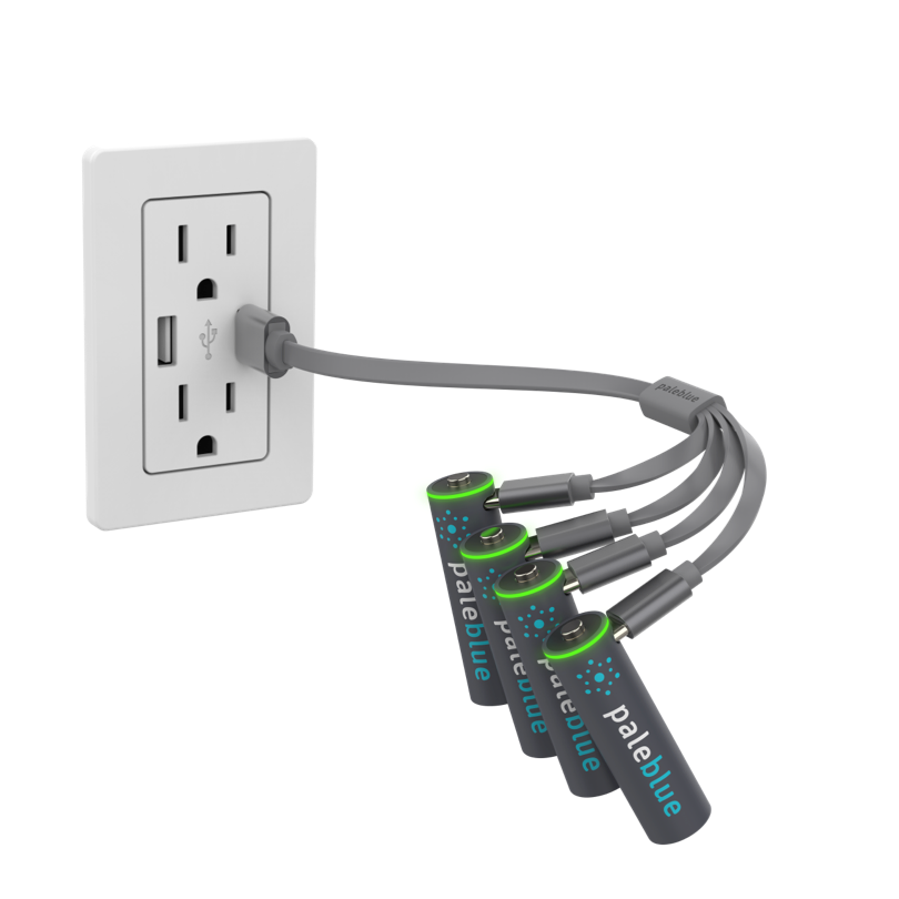 A render of four Paleblue batteries plugged into a wall outlet with a USB cable