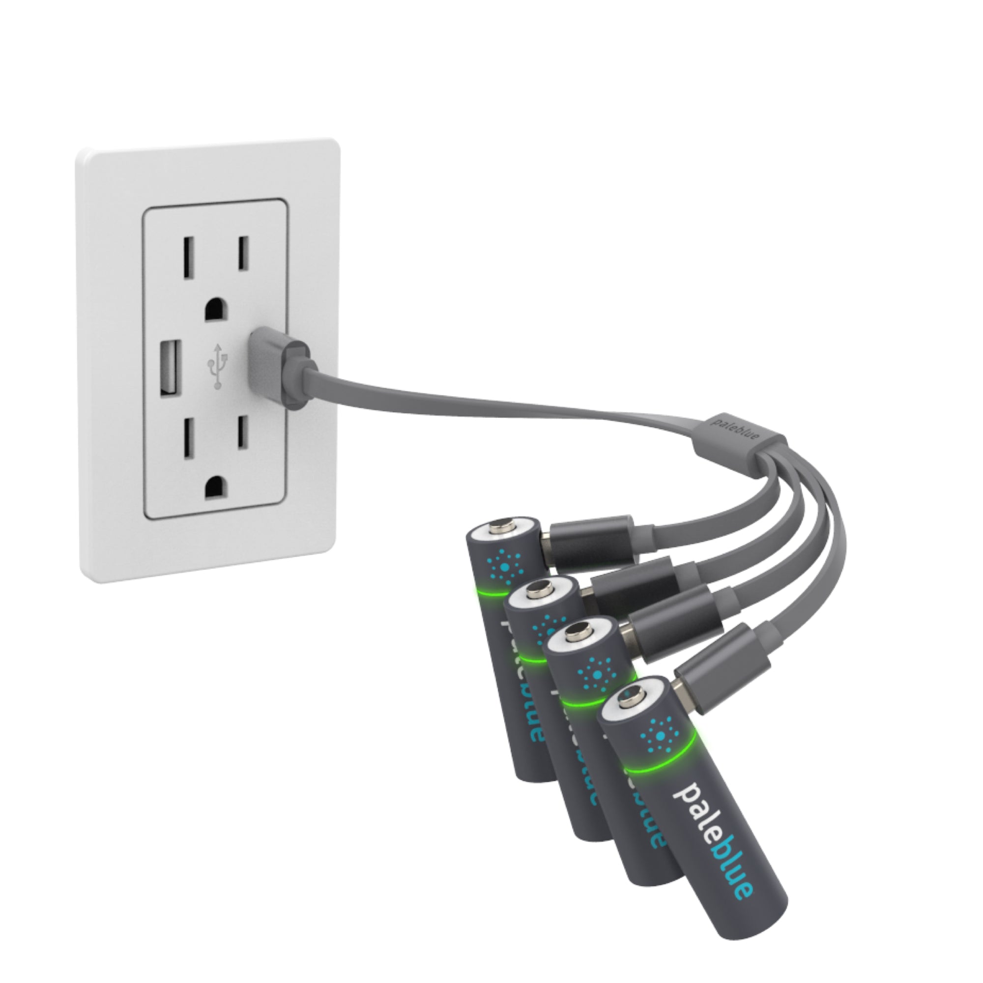 Four Paleblue AA batteries plugged into a wall outlet via a USB cable