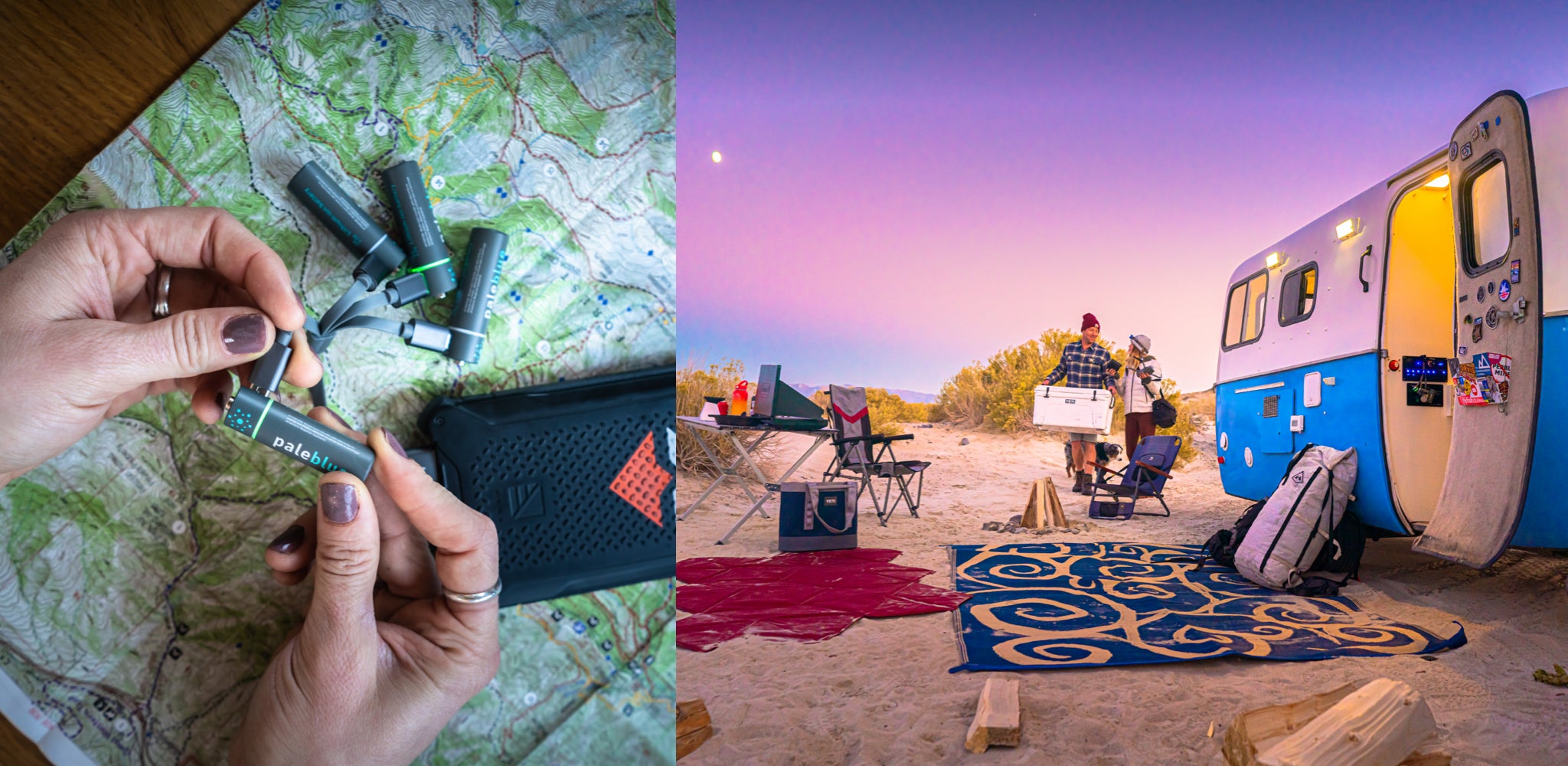 Pale Blue AA batteries being charged on a topographic map and a couple beach camping at sunset with an RV