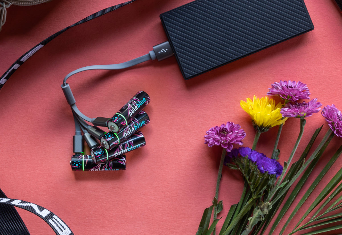 Paleblue Vivid Paradise batteries charging via USB next to flowers on a red background.